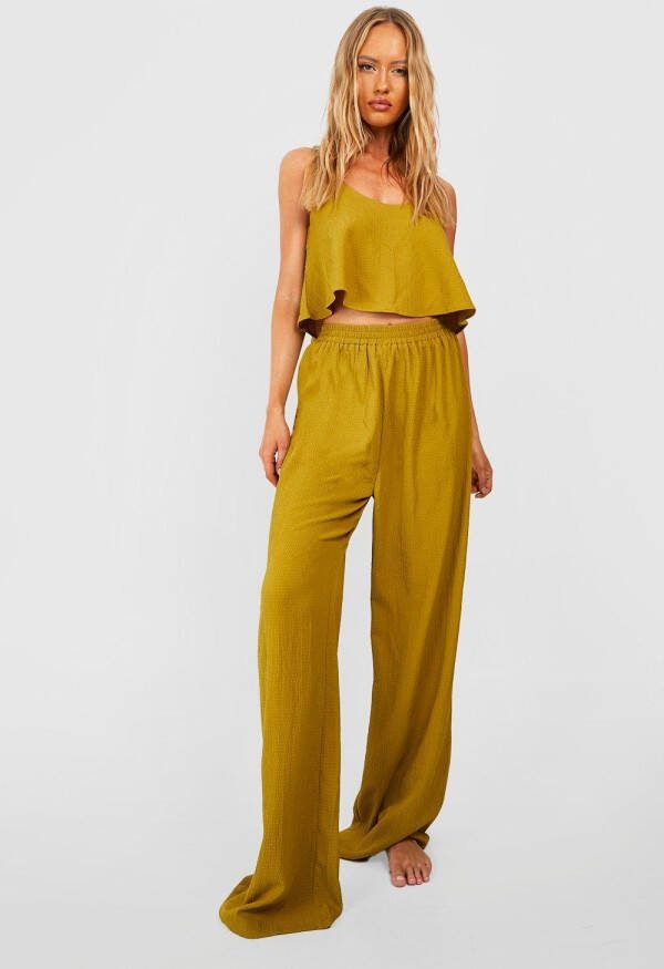 boohoo Tall Swing Crop Top Met Textuur En Wide Leg Broek Set, Olive